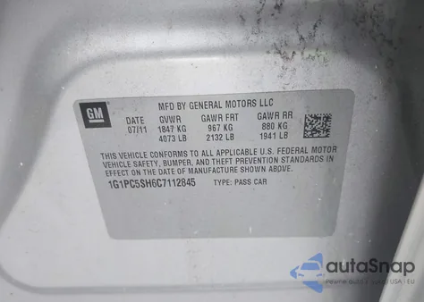 2012 Chevrolet Cruze Ls from USA, damaged, VIN 1G1PC5SH6C7112845